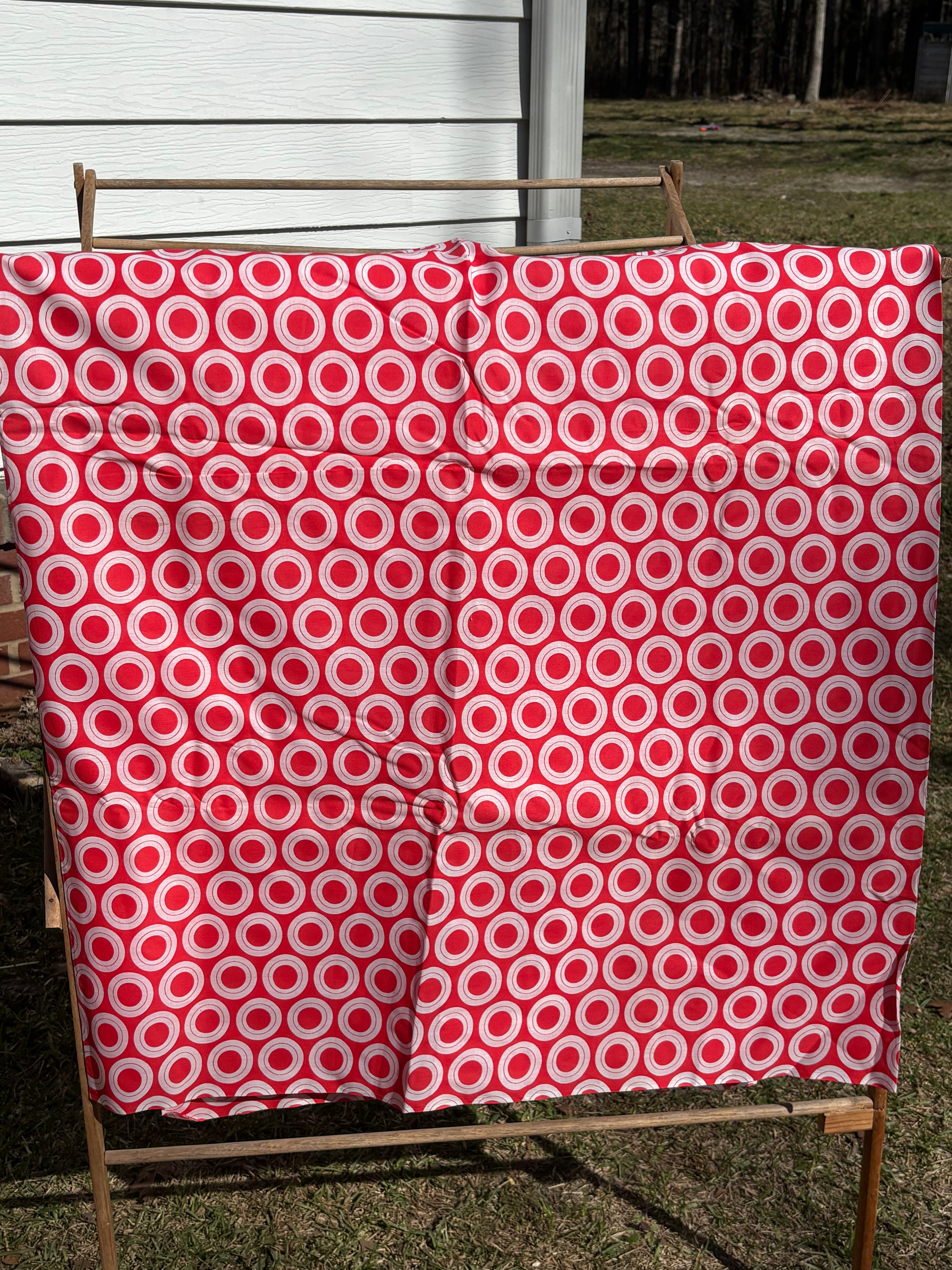 Vintage 1950s Red Geometric Circle Fabric Extra Long Yardage Cotton 45” x 212”