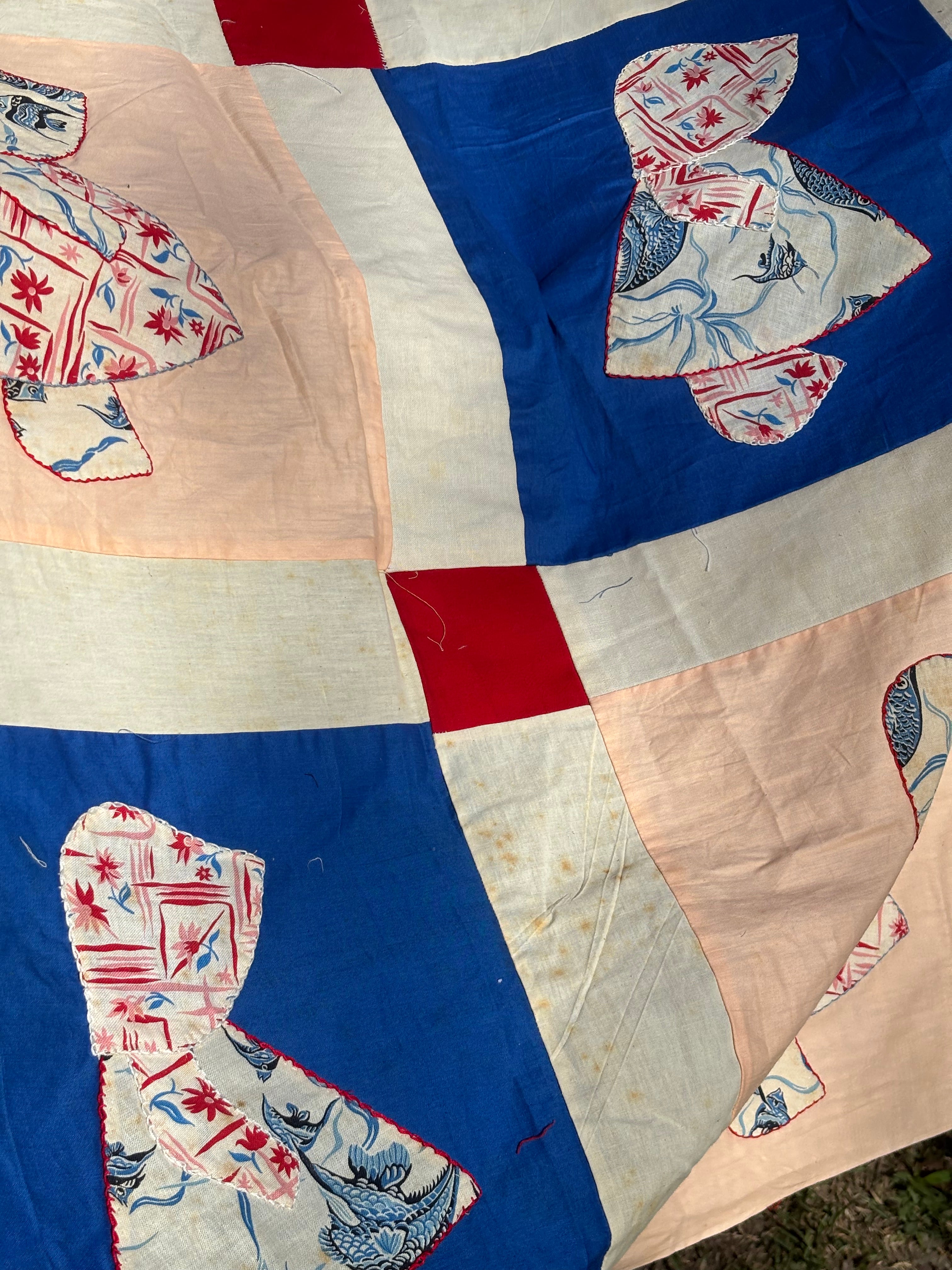 Vintage Holly Hobbie Quilt Top Hand Pieced 63” x 83” Unfinished Quilt