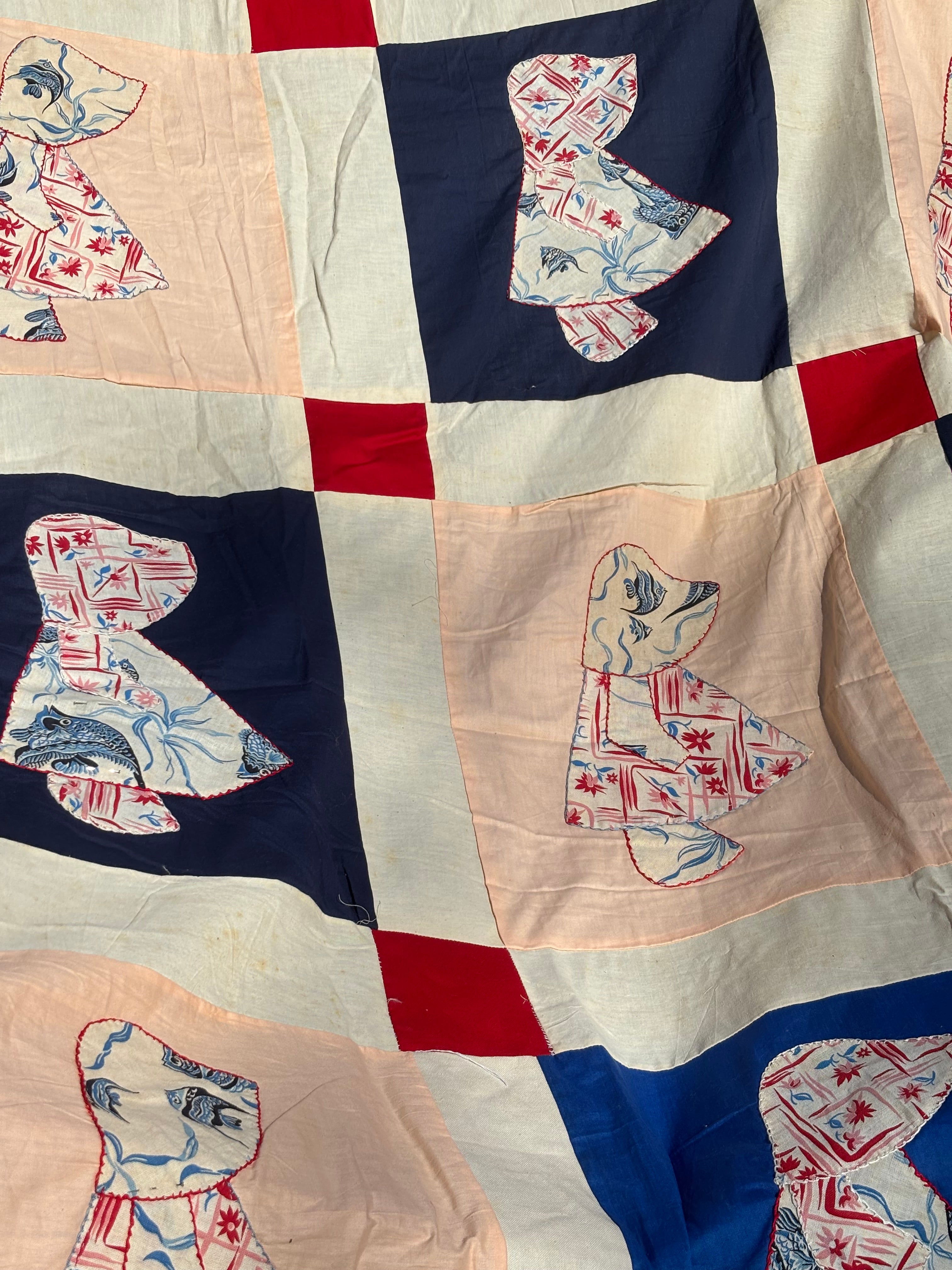 Vintage Holly Hobbie Quilt Top Hand Pieced 63” x 83” Unfinished Quilt