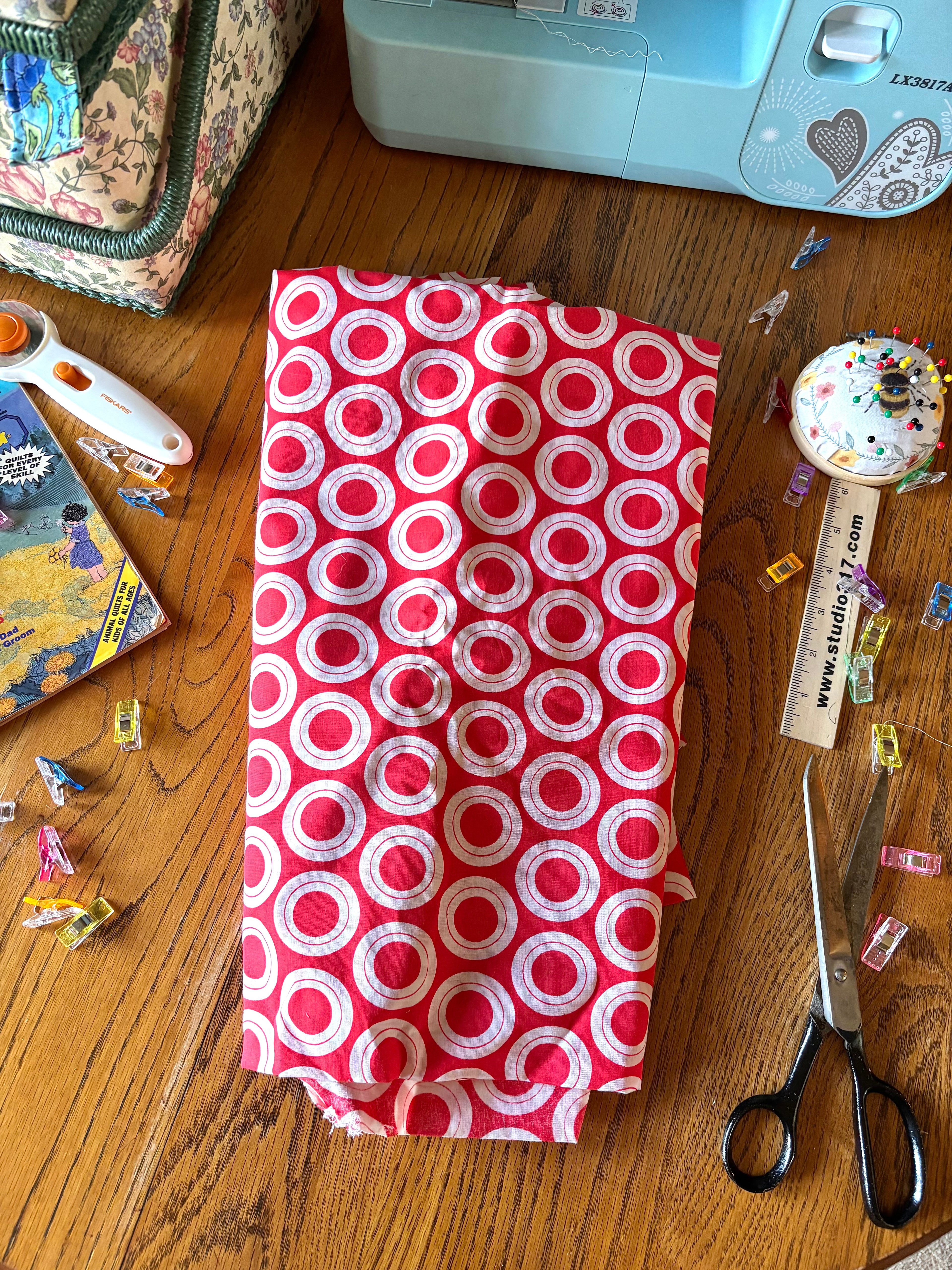 Vintage 1950s Red Geometric Circle Fabric Extra Long Yardage Cotton 45” x 212”