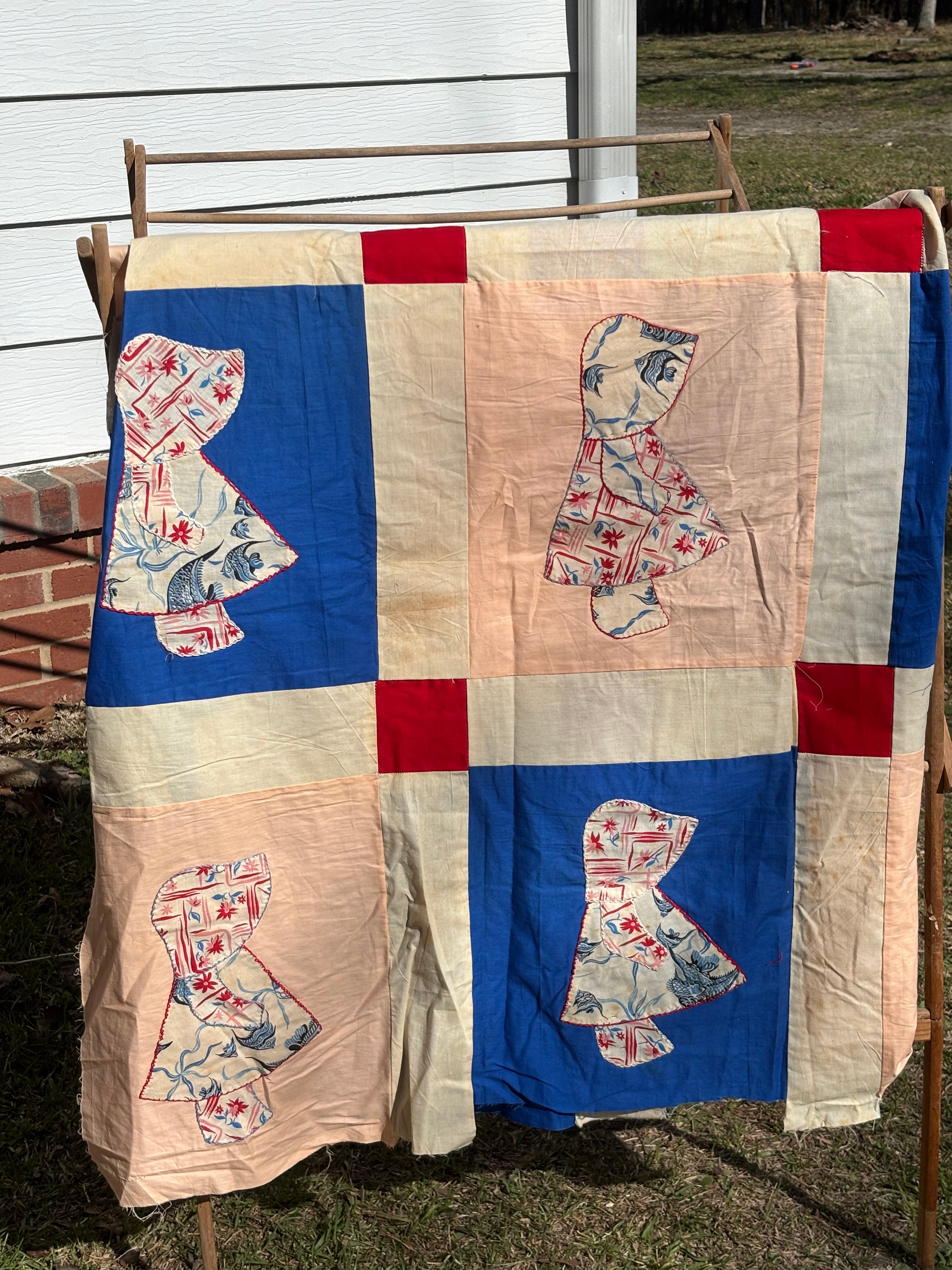Vintage Holly Hobbie Quilt Top Hand Pieced 63” x 83” Unfinished Quilt