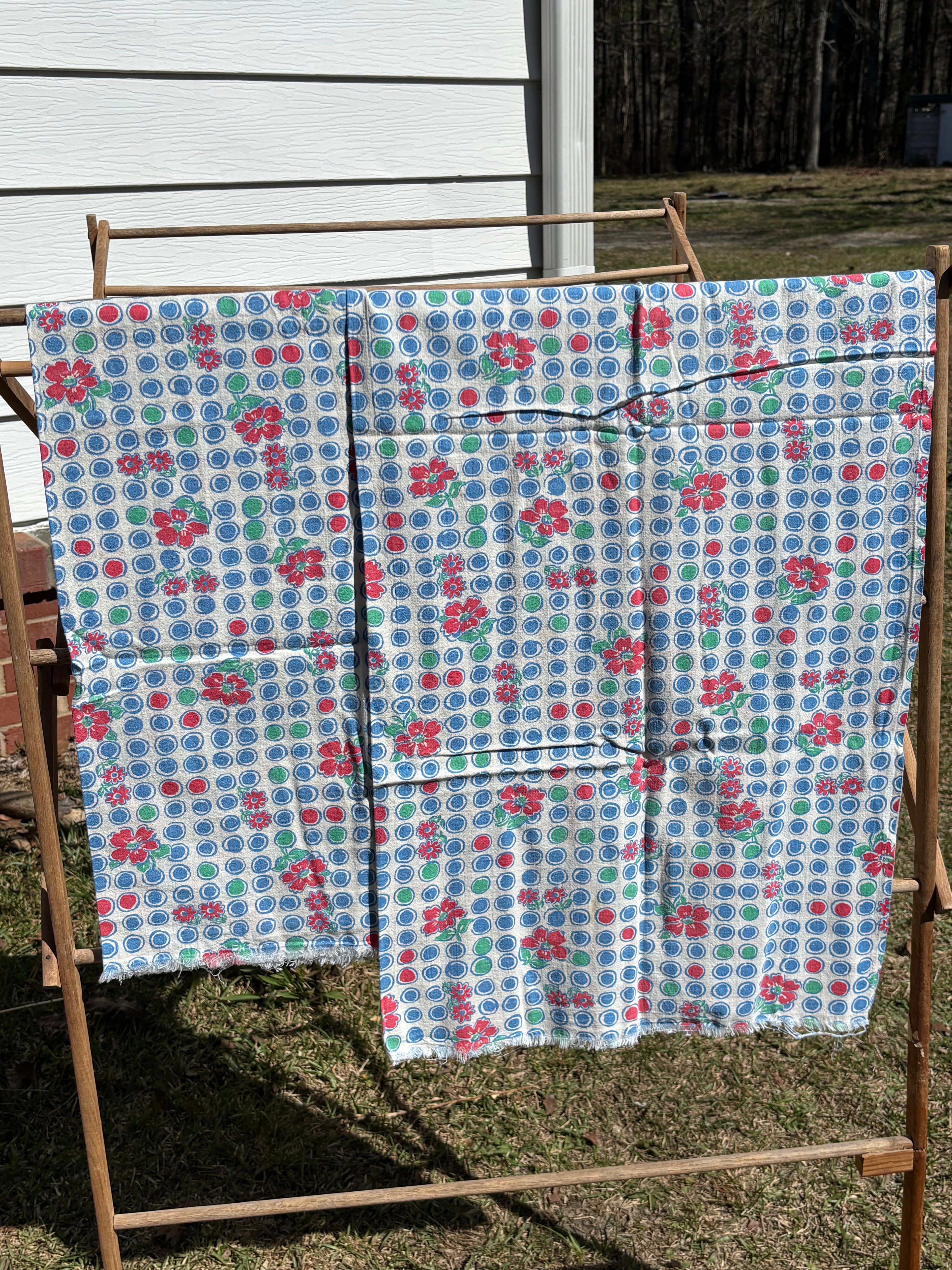 Bundle 5 Vintage 1950s Cotton Fabric Set Red Blue Geometric Floral Print (2 Matching Pieces)