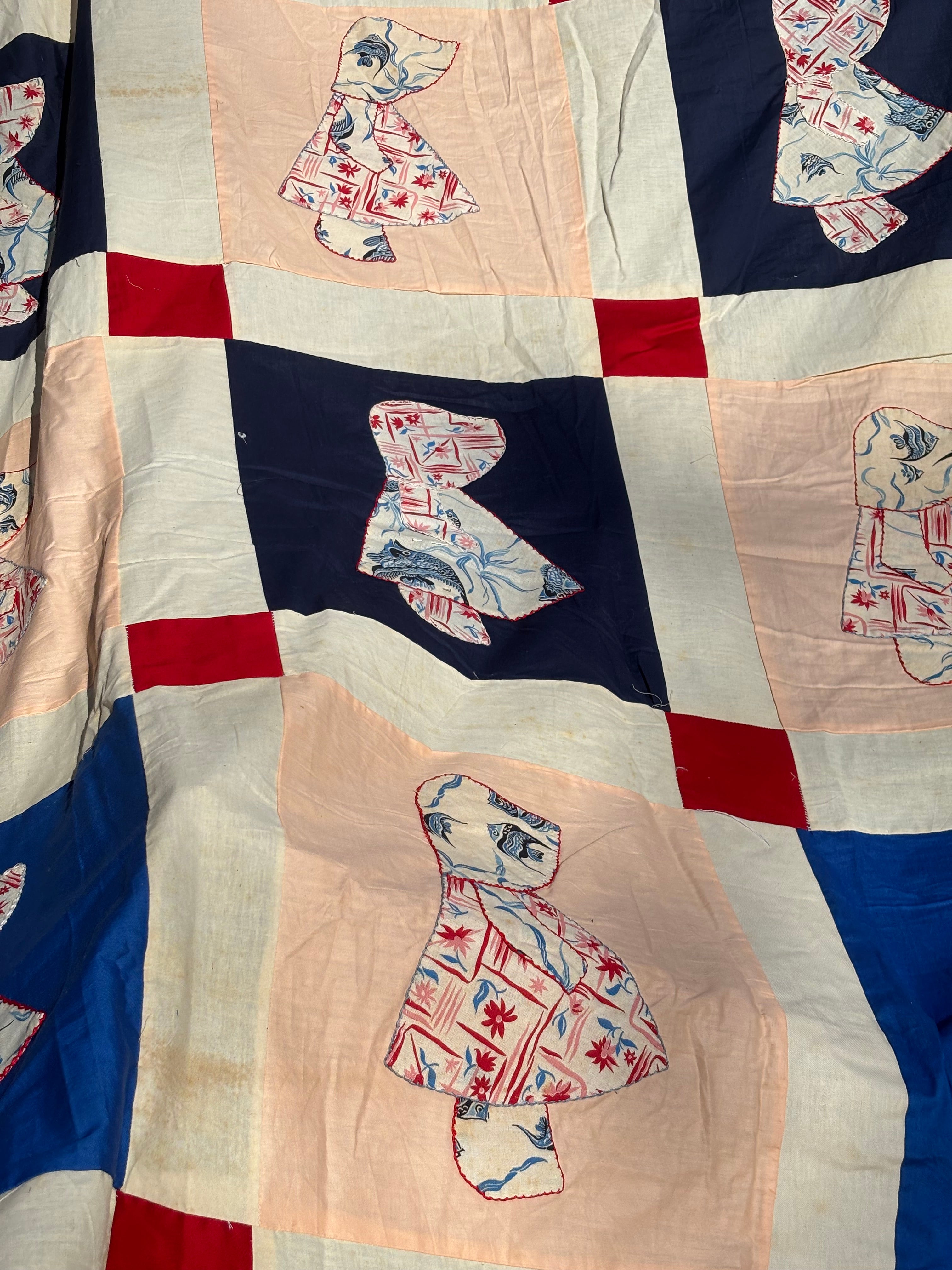 Vintage Holly Hobbie Quilt Top Hand Pieced 63” x 83” Unfinished Quilt