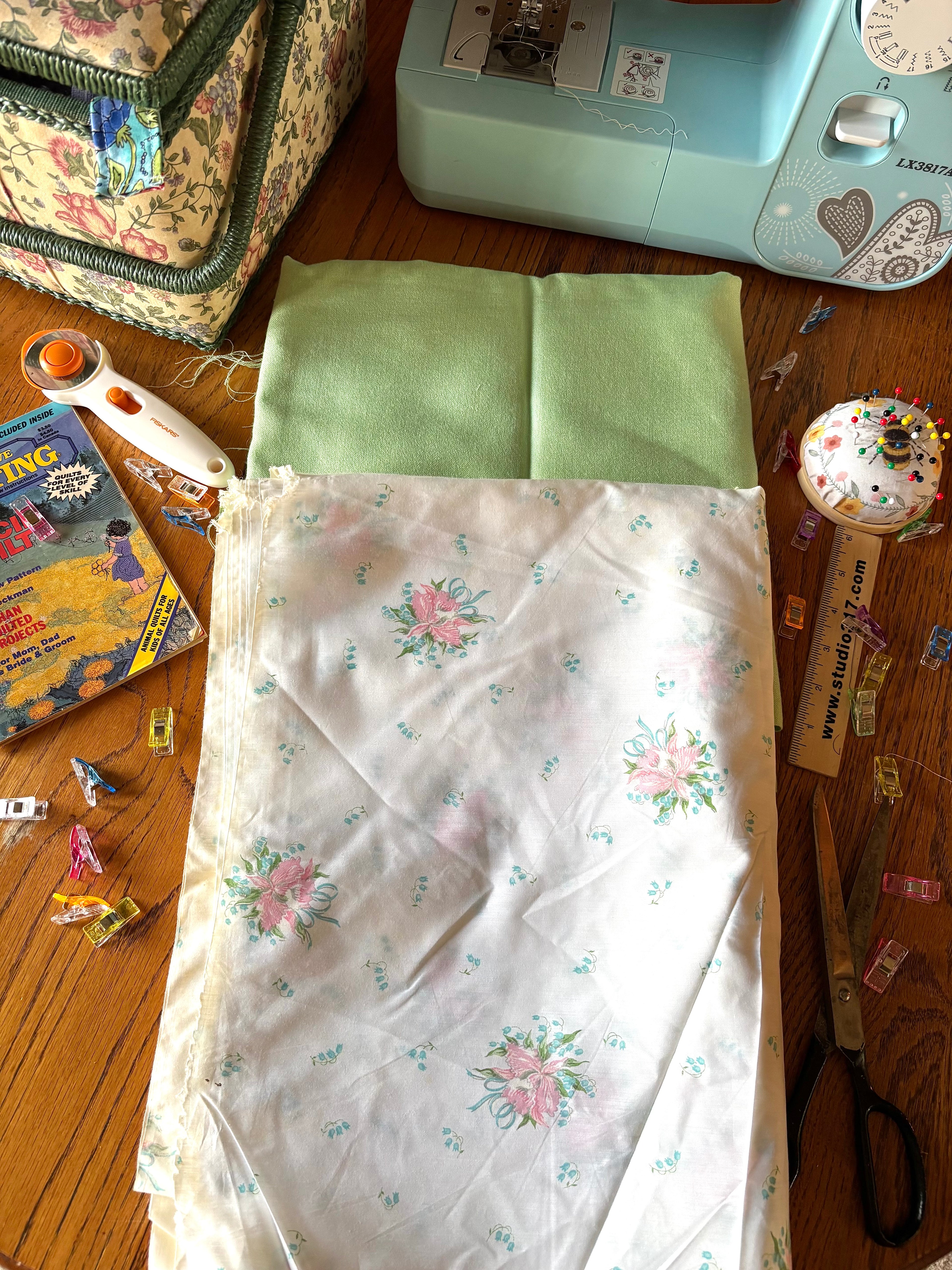 Bundle 7 Vintage Fabric Bundle Green Utility Fabric & Sheer Floral Yardage (Large Cuts, As-Is)