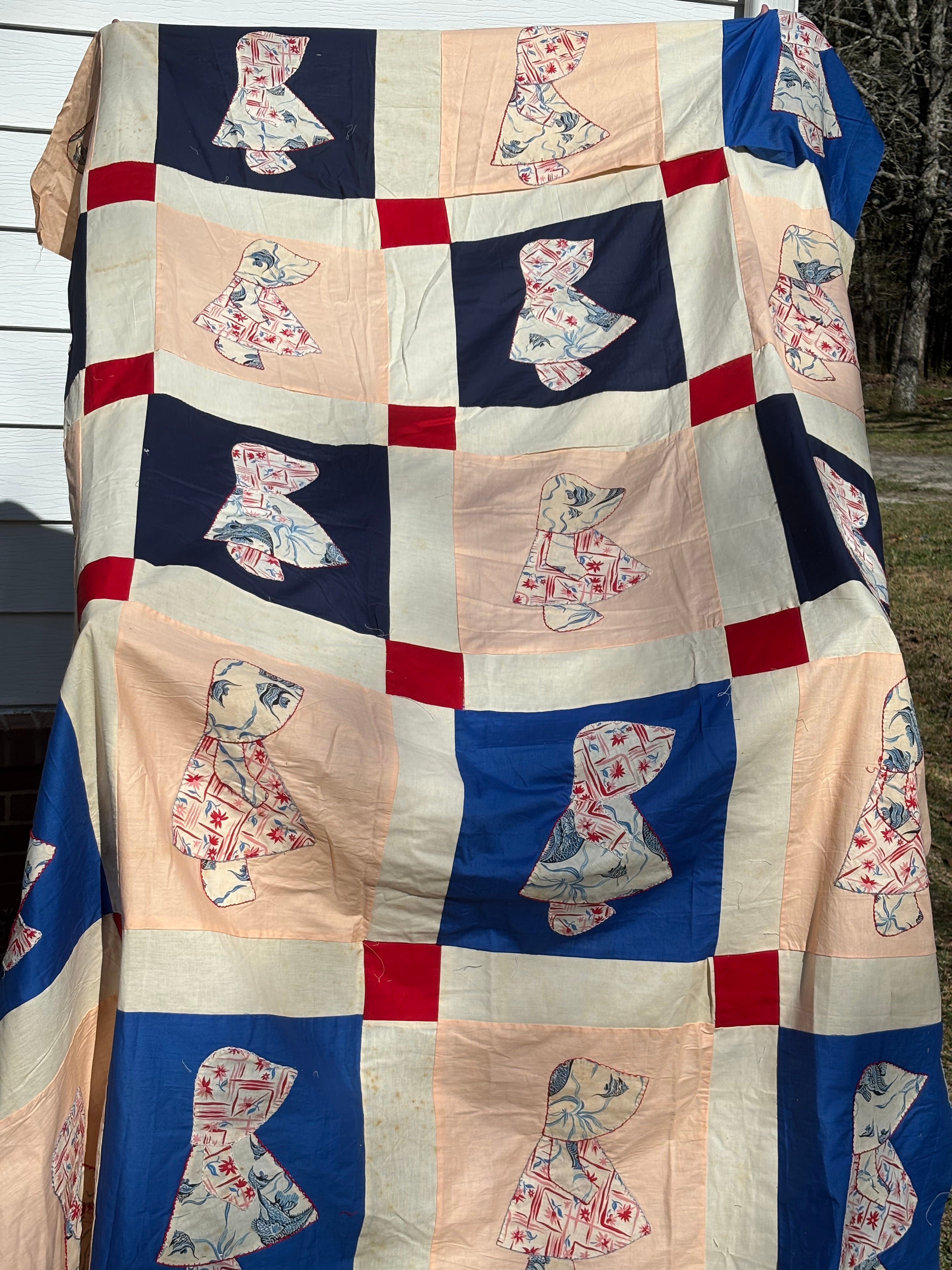 Vintage Holly Hobbie Quilt Top Hand Pieced 63” x 83” Unfinished Quilt