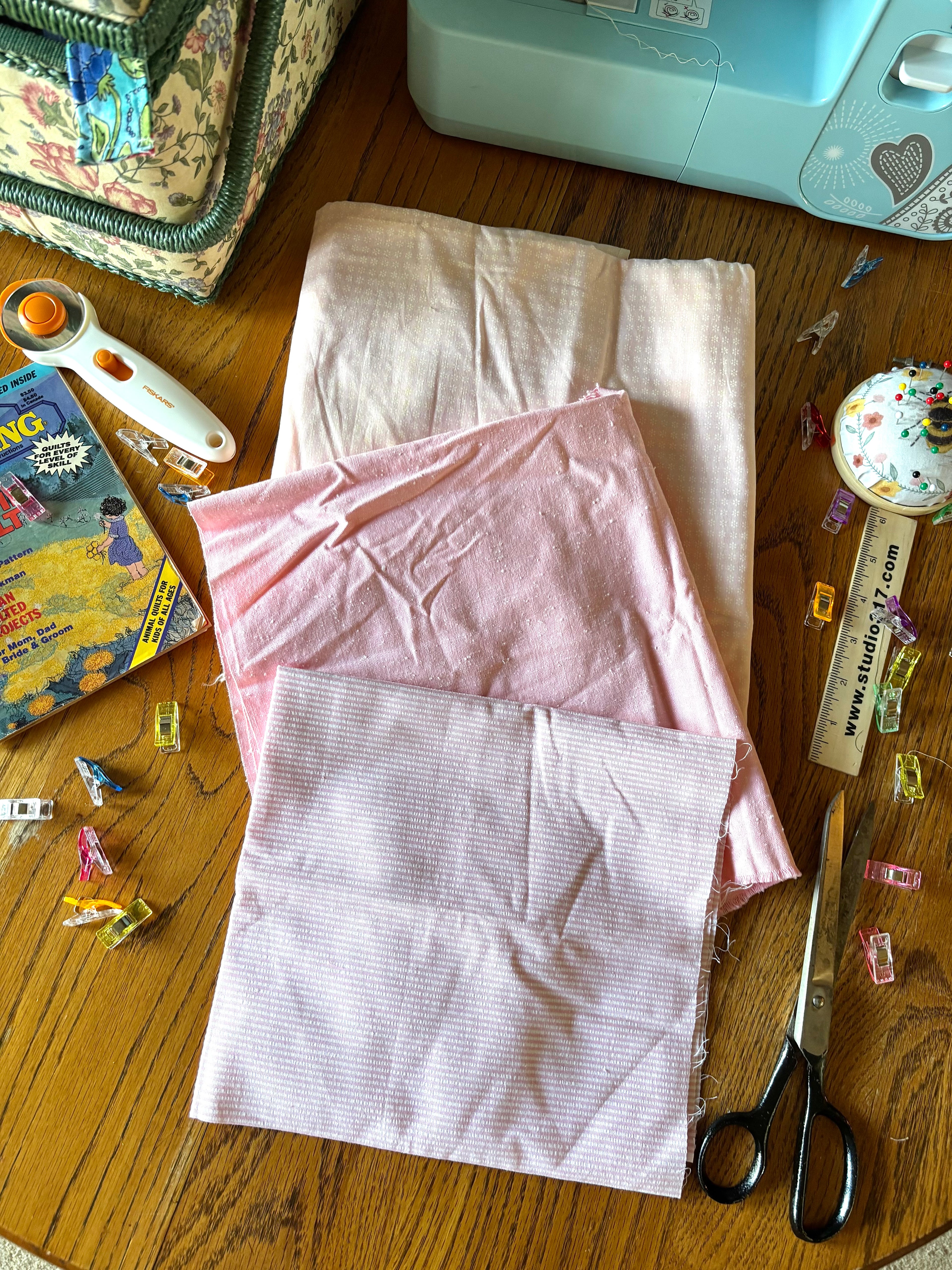 Bundle 6 Vintage Fabric Bundle Pink Stripe, Solid & Sheer Floral Yardage (Mixed Cuts)