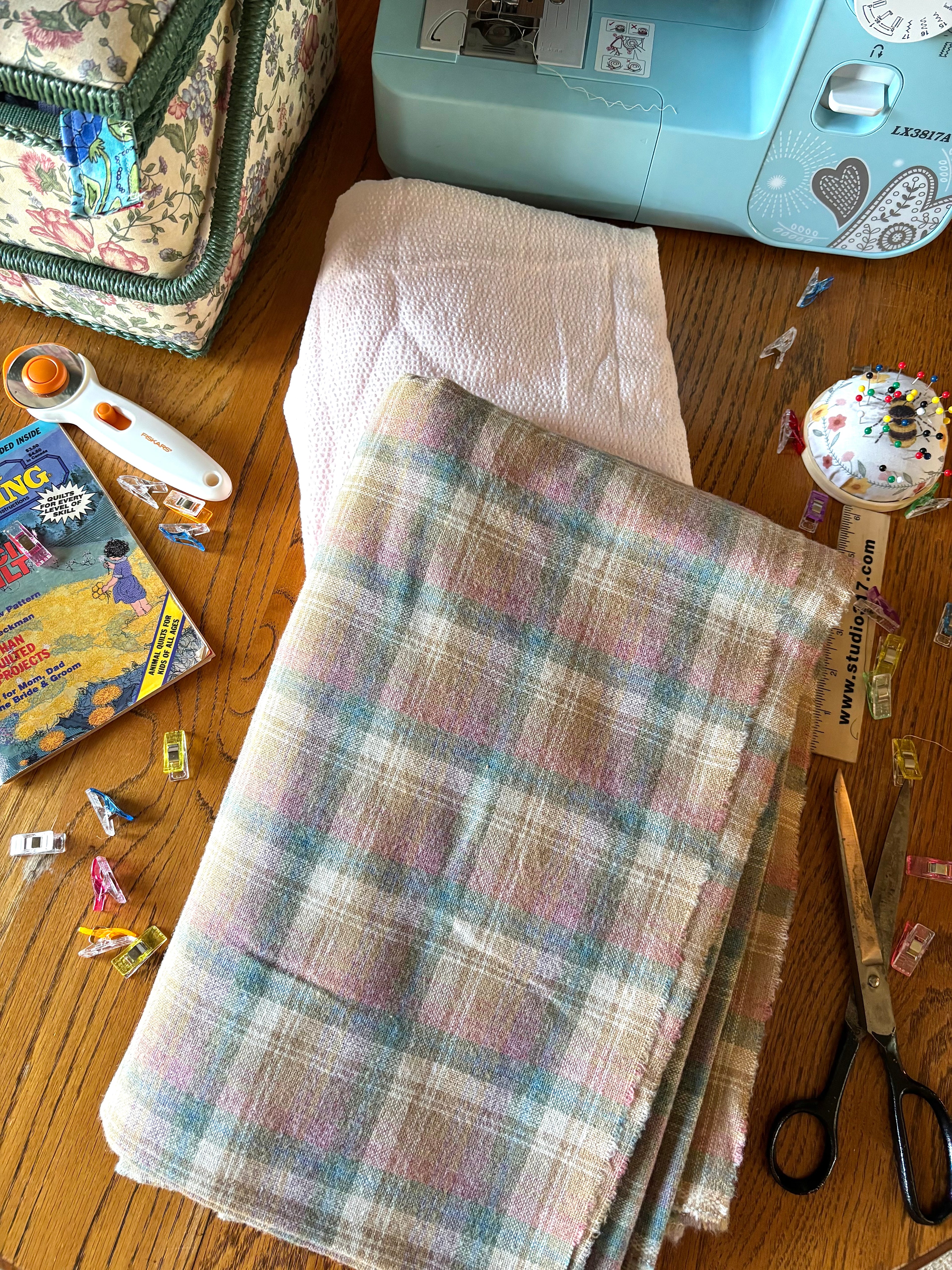 Bundle 8 Vintage Fabric Bundle Plaid Utility Weight & Sheer Pink Fabric Large Cuts (2 Pieces)
