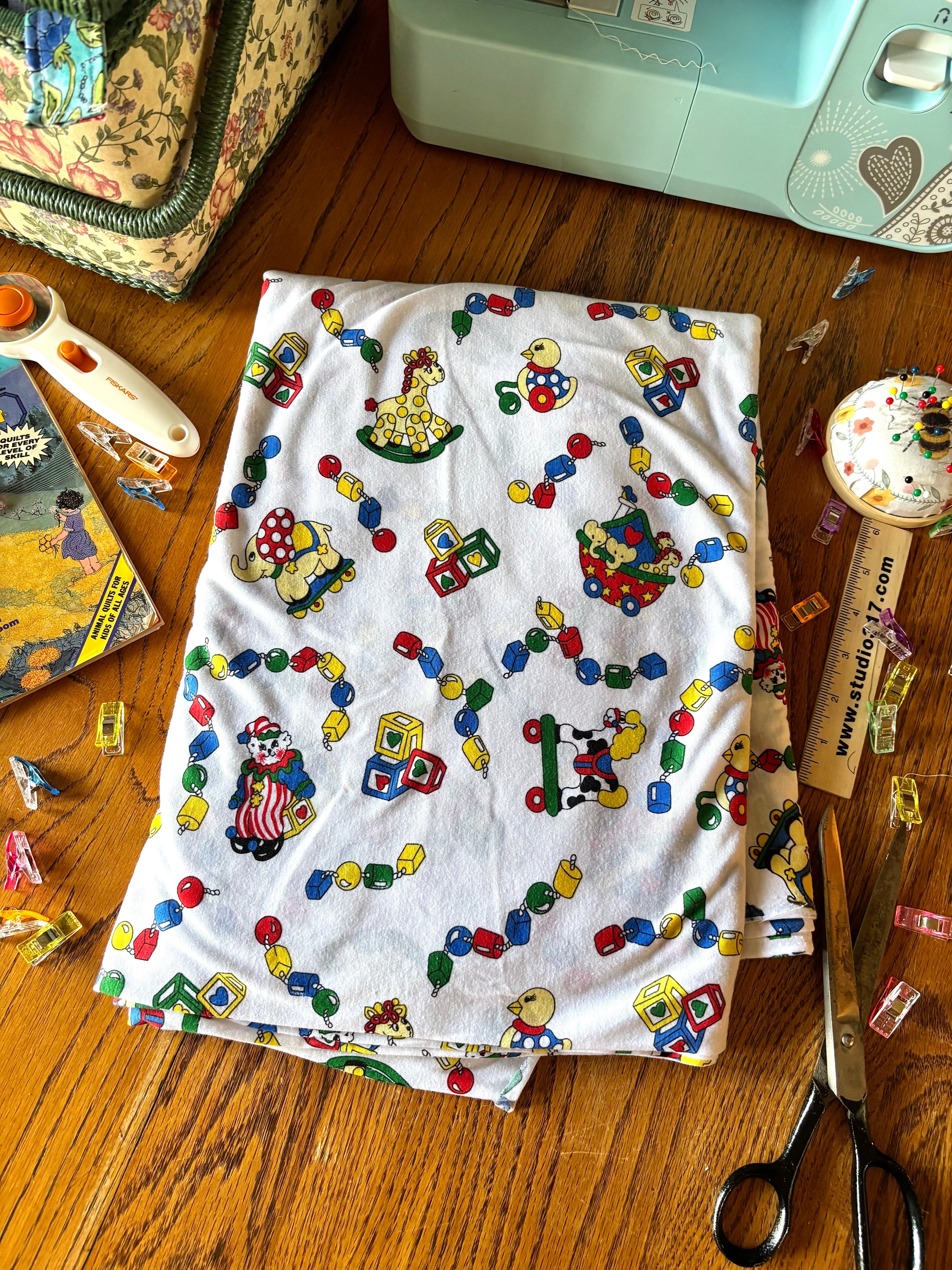 Vintage Knit Fabric Toy Print Novelty Cotton Stretch Fabric 61” x 120”